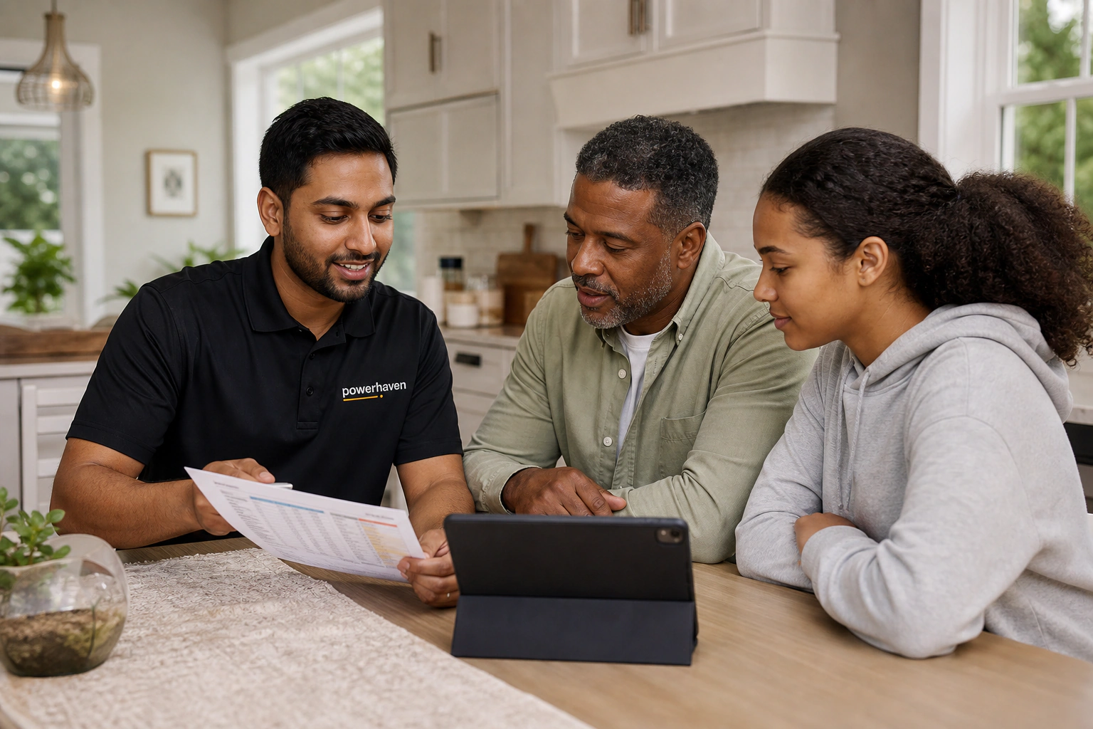 A South Asian Powerhaven advisor comparing home service choices with a Black father and daughter