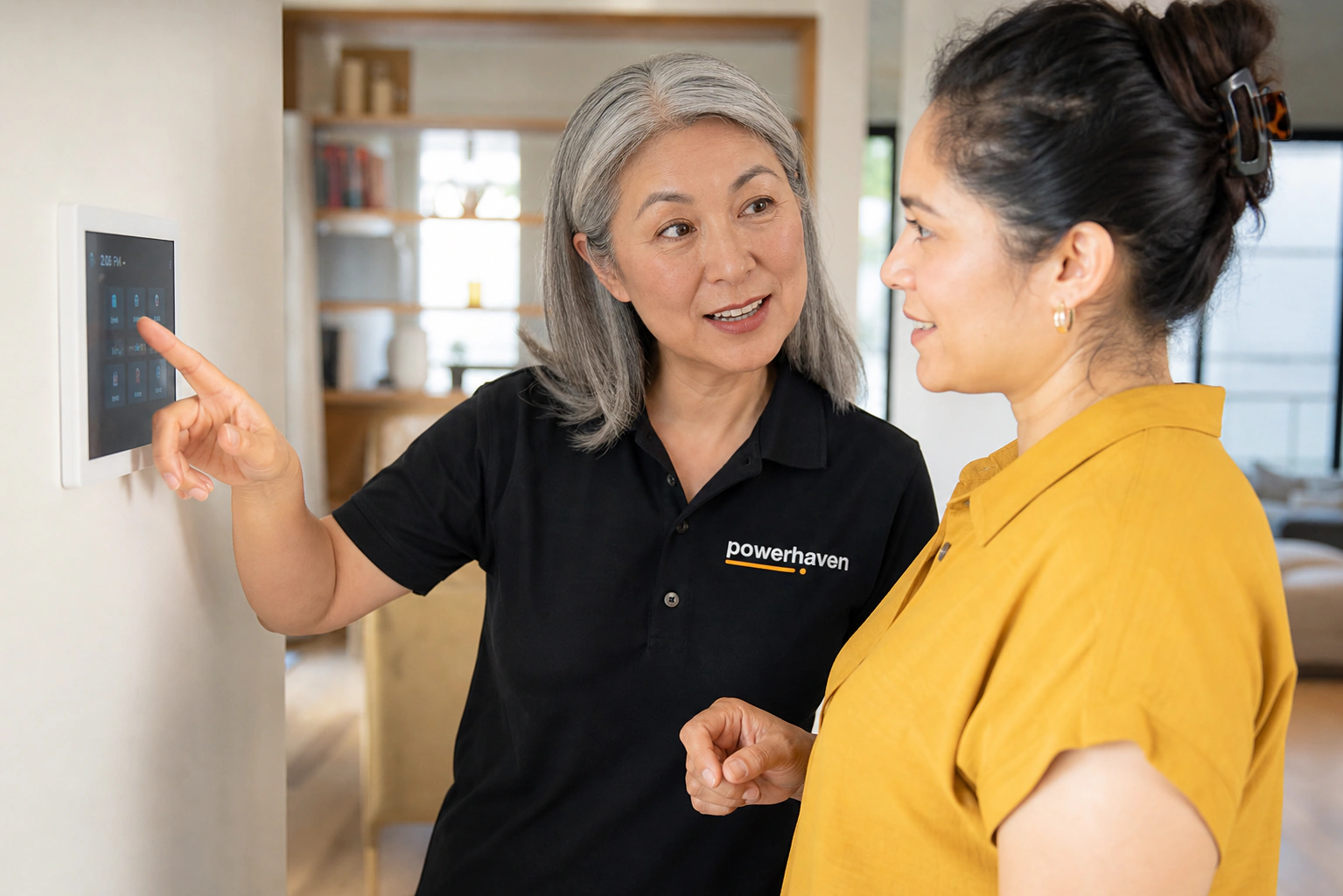 An older East Asian Powerhaven advisor helping a Latino homeowner complete a smart-home setup