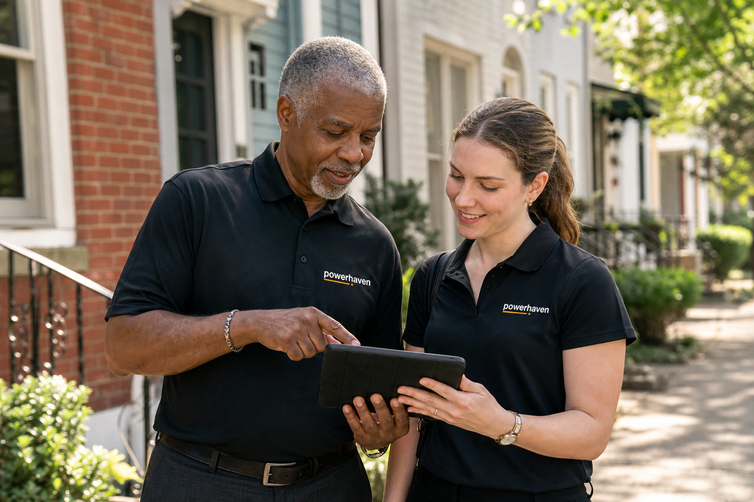 An older Black Powerhaven mentor coaching a younger advisor in a residential community