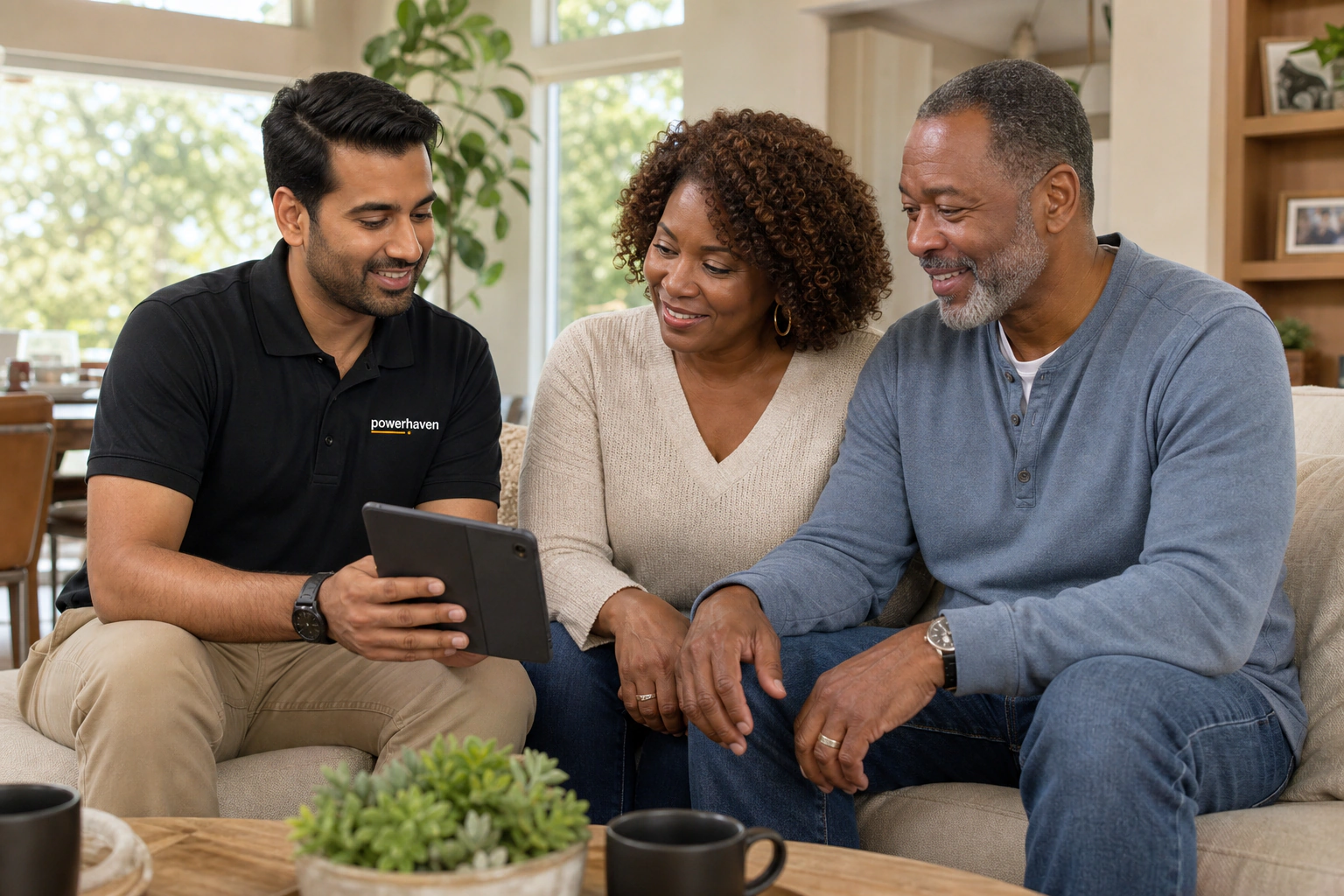 A South Asian Powerhaven advisor discussing home service options with a Black couple