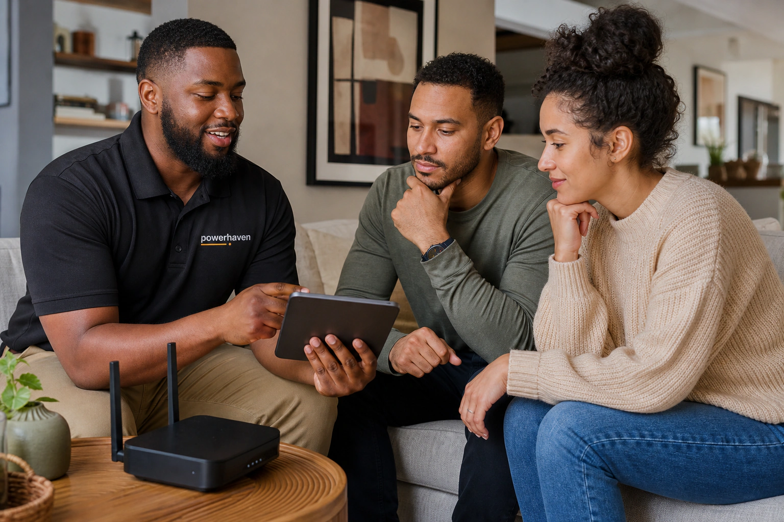 A Black Powerhaven advisor helping a mixed-race couple understand home internet coverage