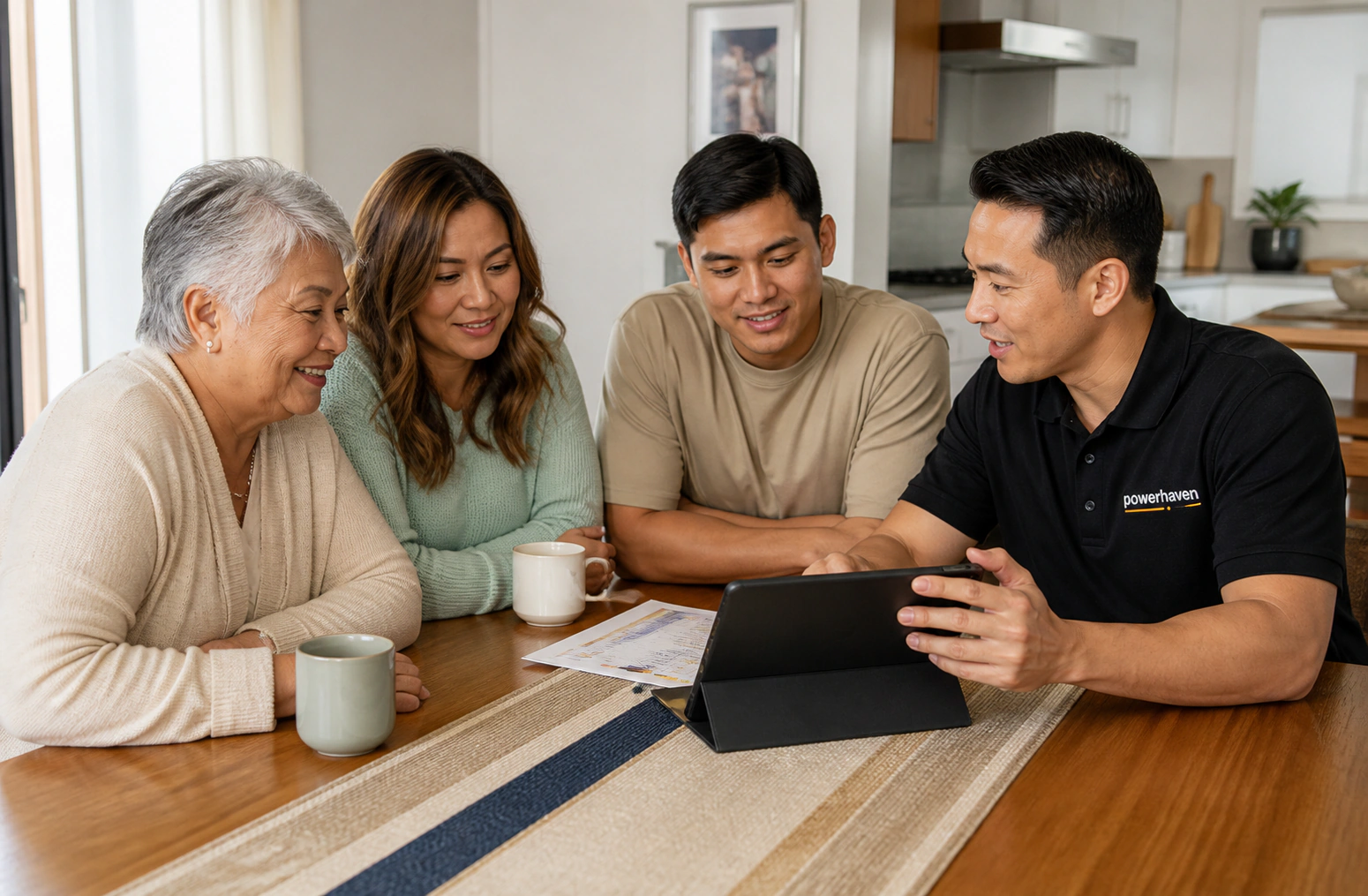 An East Asian Powerhaven advisor discussing electricity options with a multigenerational family