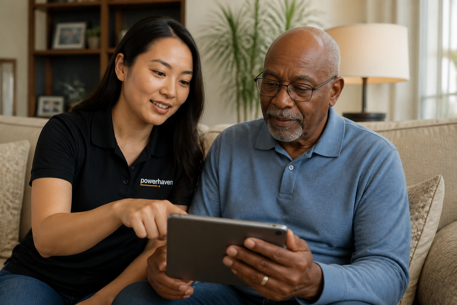 An East Asian Powerhaven advisor helping an older Black homeowner use a smart-home control