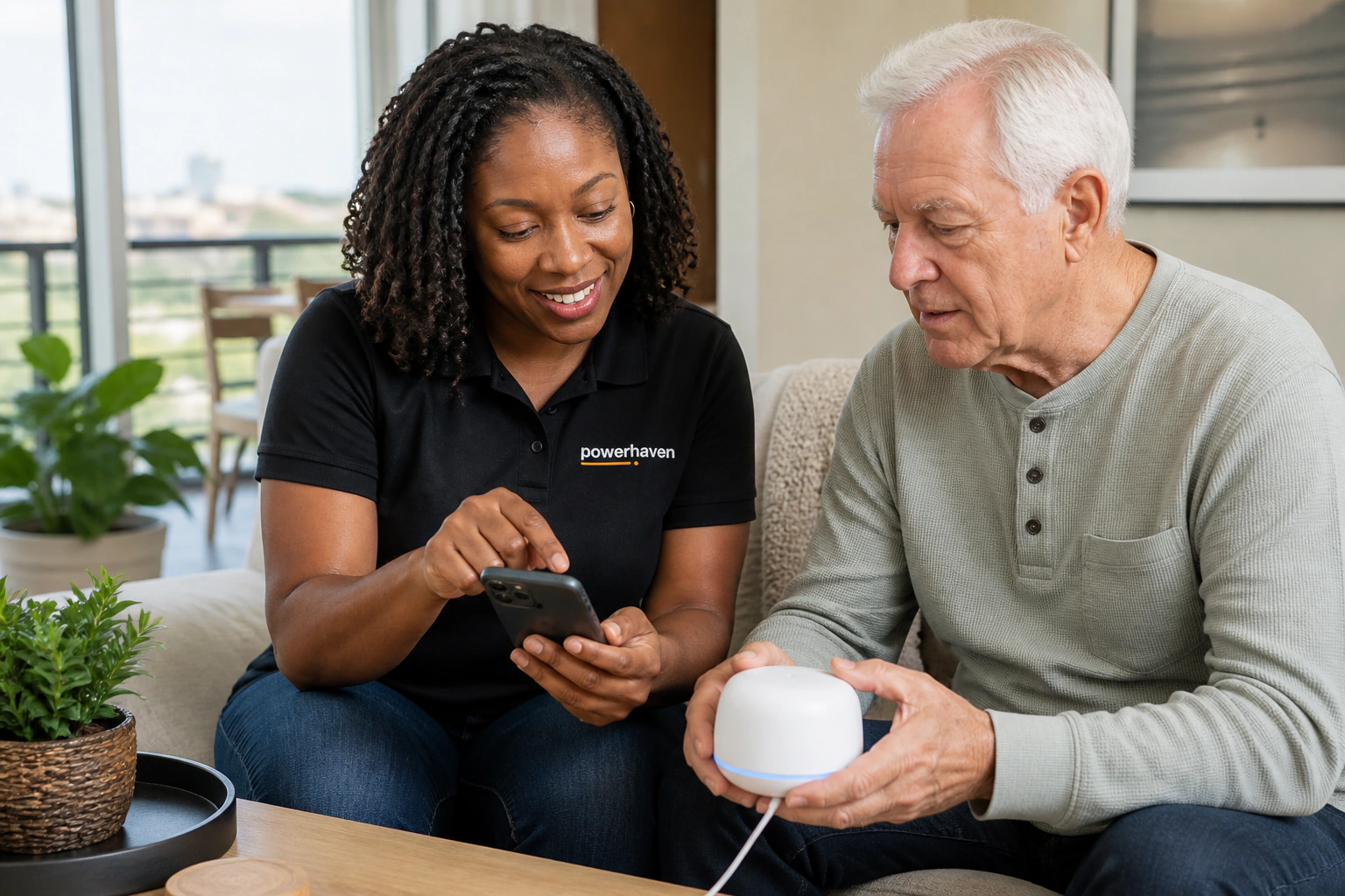 A Black Powerhaven advisor helping an older homeowner connect a smart-home device
